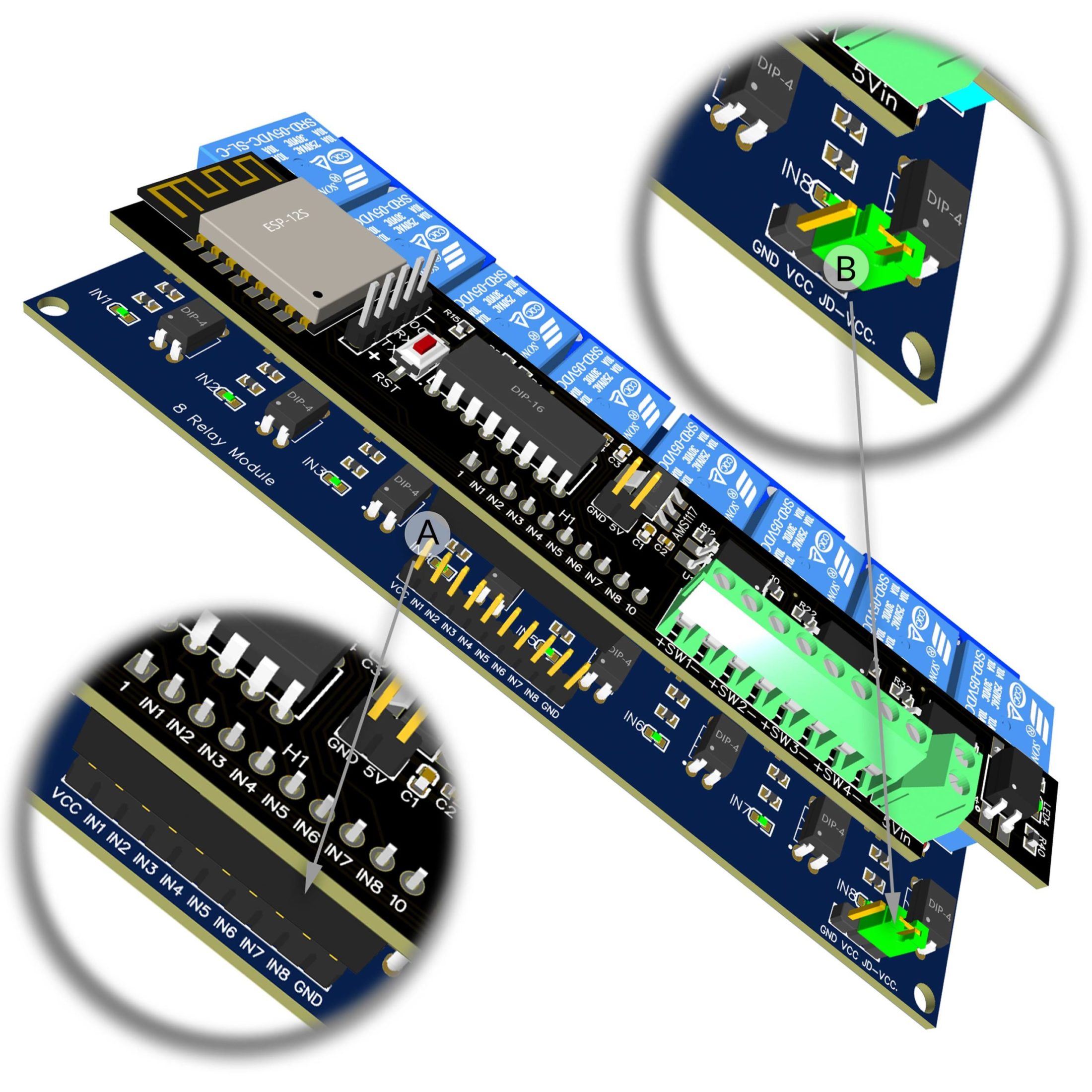 EI-OT 8 Kanal ESP8266 Standard Relais Modul Zusammenbau